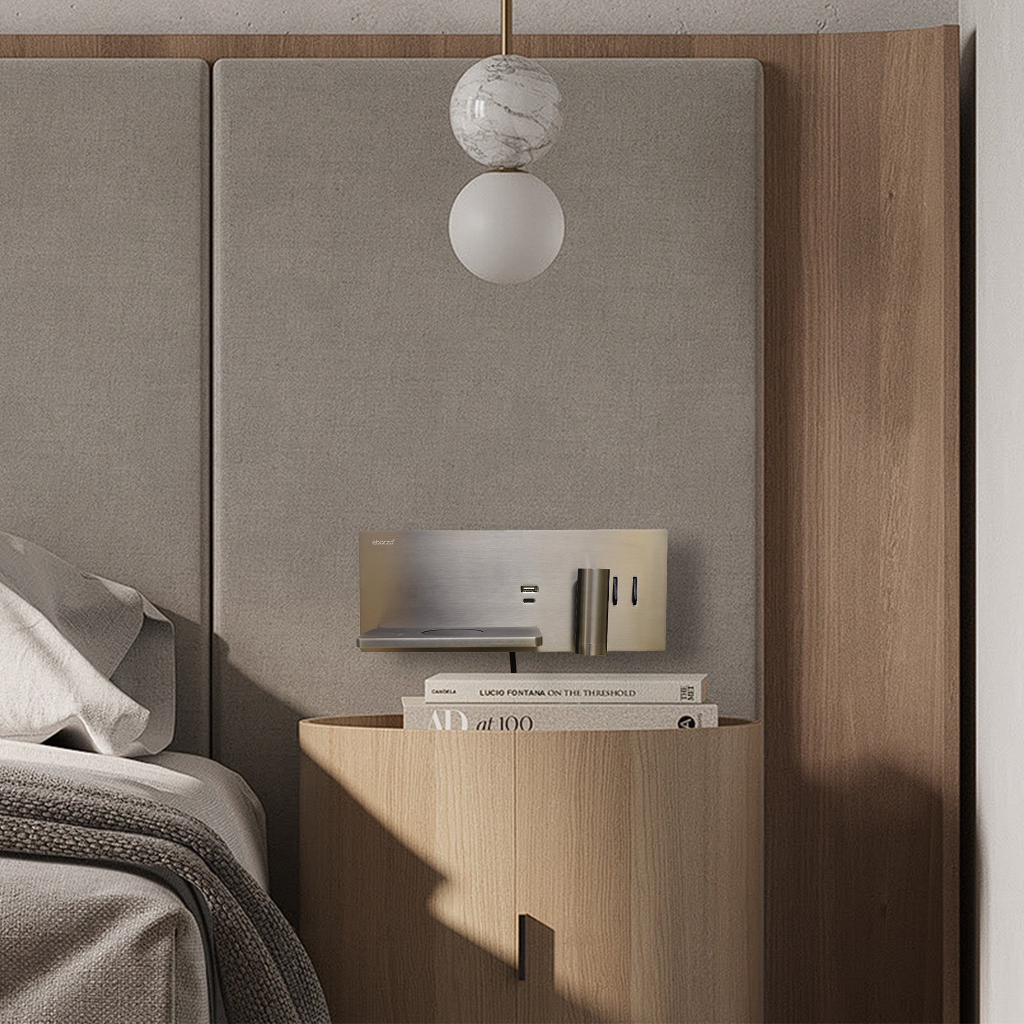 BEACON hotel-style wall reading lamp Kross-WL(UA)-26 GB mounted on headboard for ambient lighting and reading.