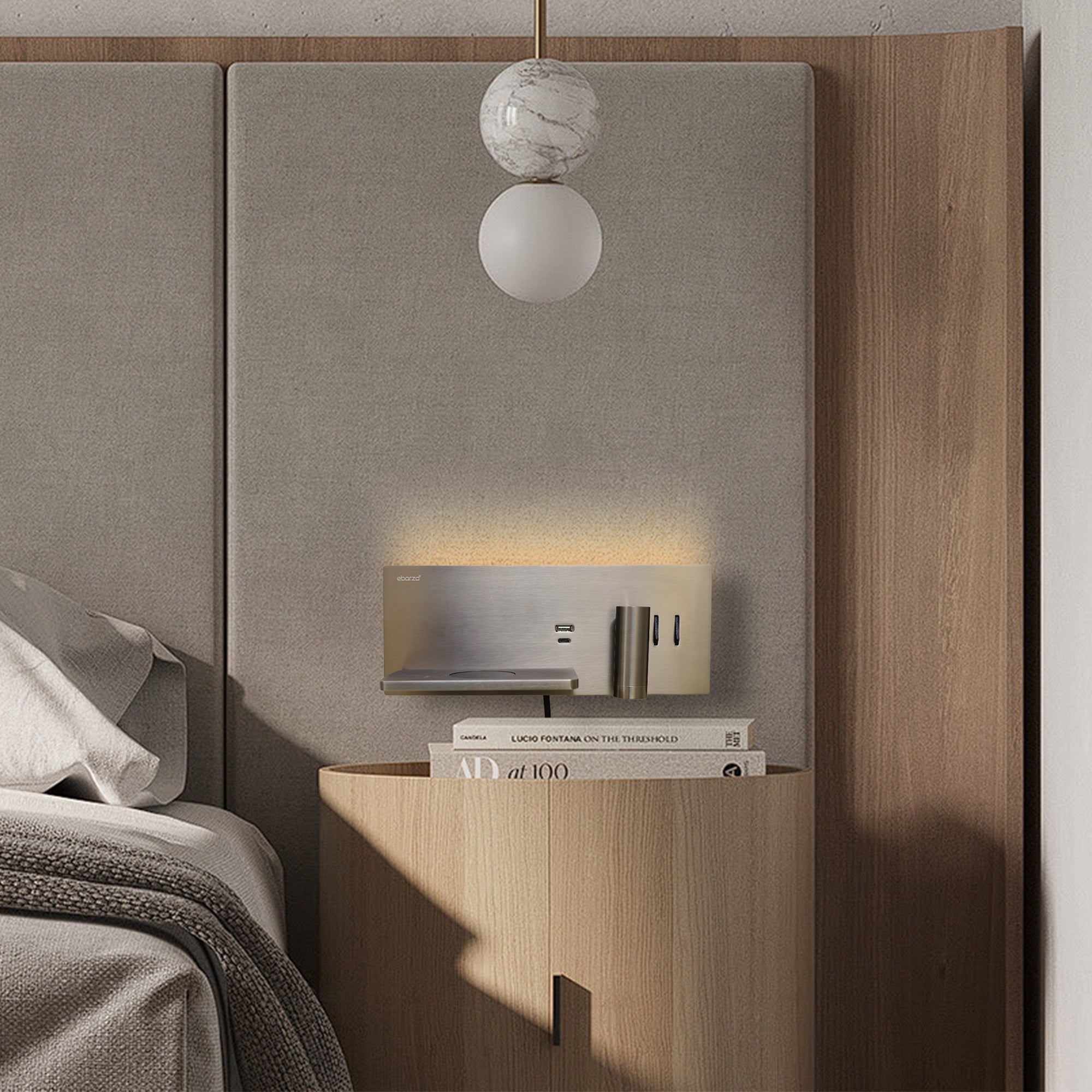 BEACON Kross Hotel Style Wall Reading Lamp mounted on a headboard, featuring sleek design and adjustable lighting.