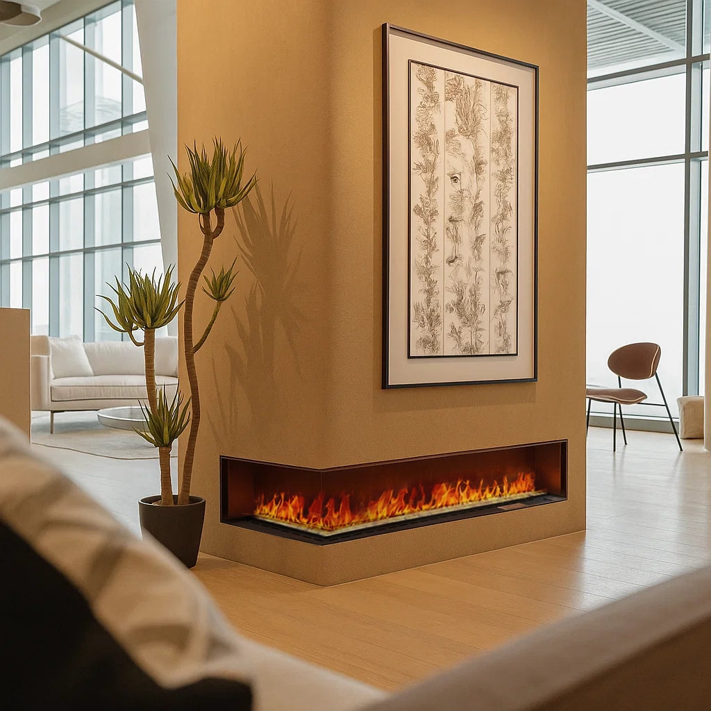 L-shaped BEACON electric fireplace with 3D mist water vapor, decorative front view, 60cm size, modern home heating and ambiance.