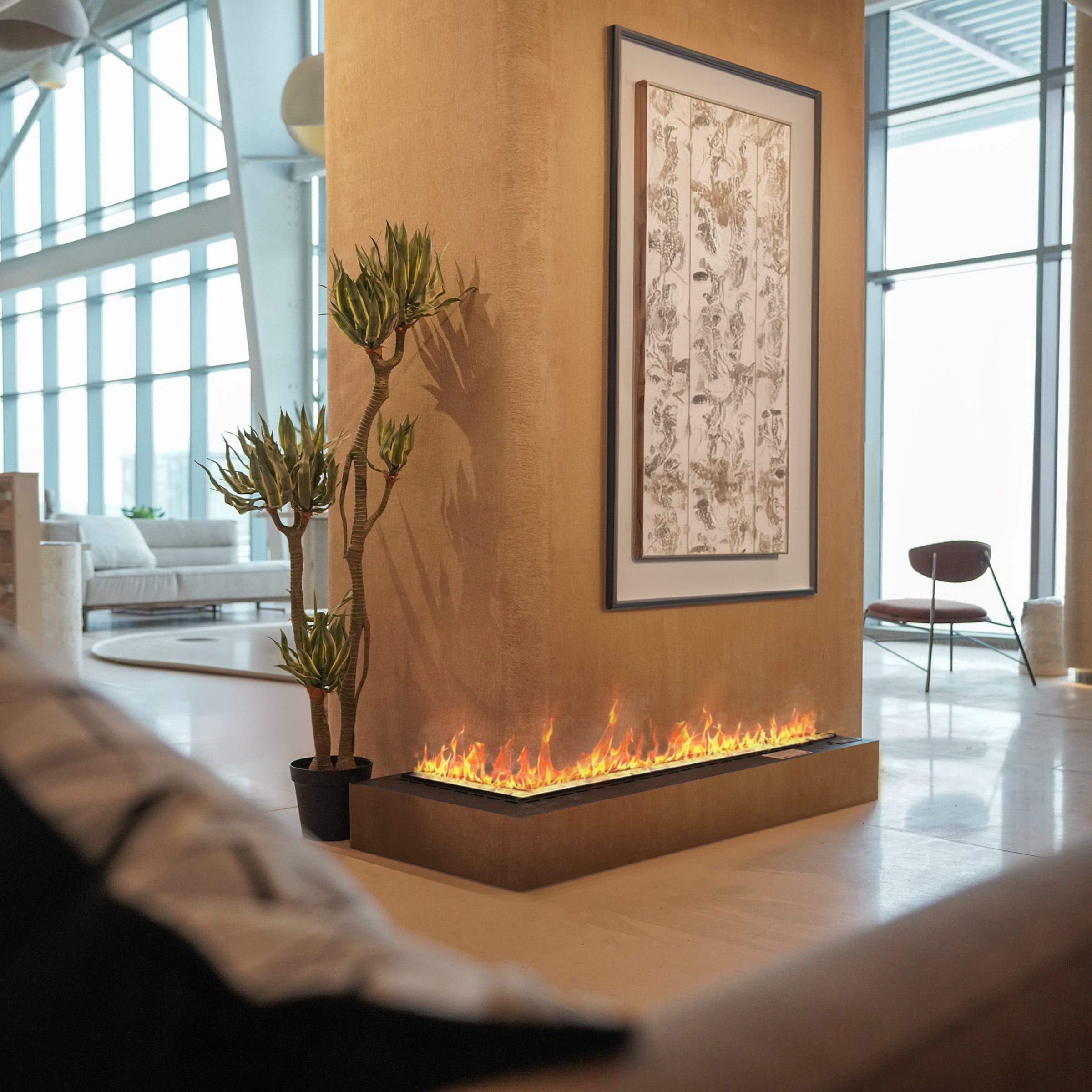 L-shaped BEACON electric fireplace with water vapor mist effects, showcasing modern design and realistic 3D flame display.