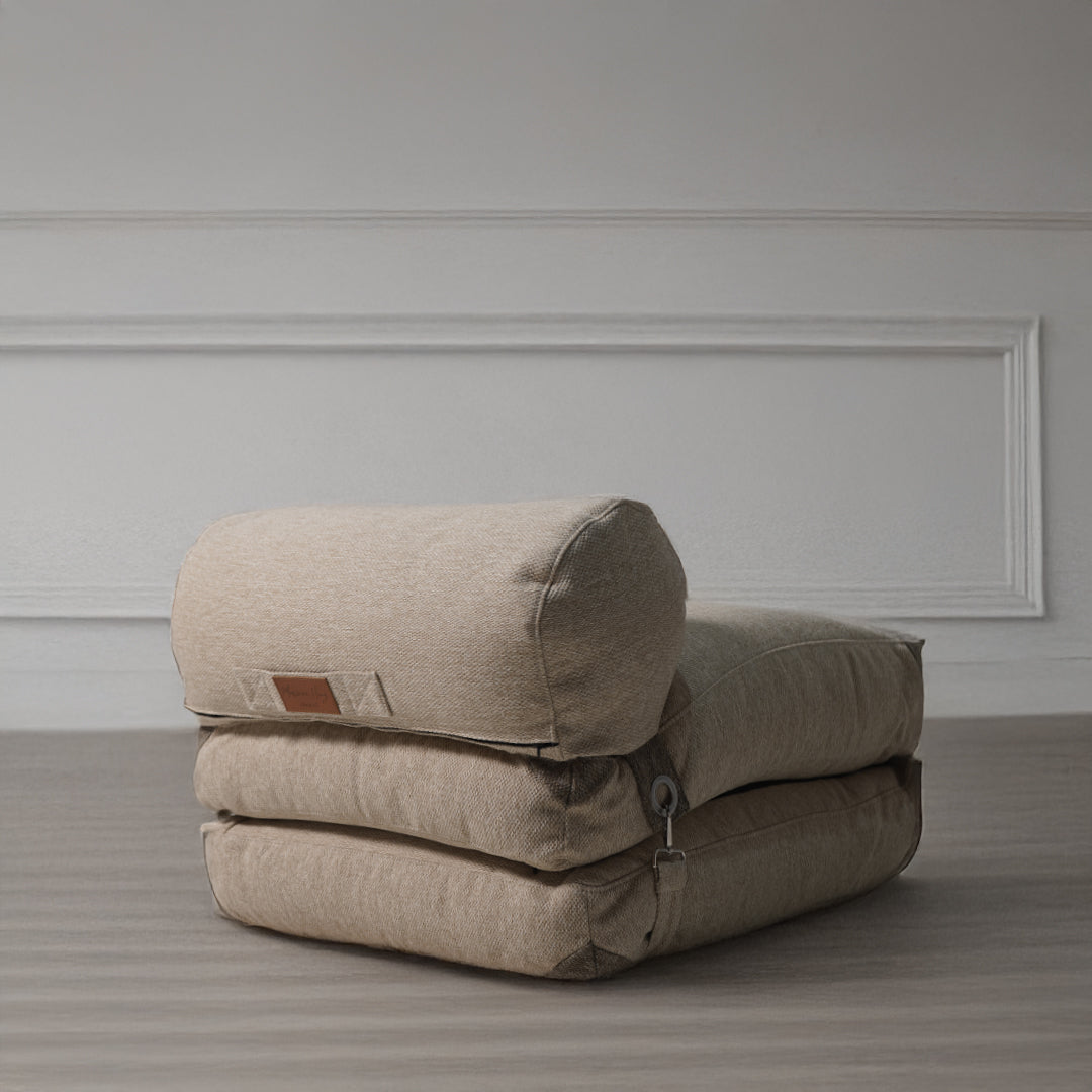 La-Concha brown and beige sunproof bean bag by BEACON, made of 100% olefin fabric, shown with soft, plush seating surface.