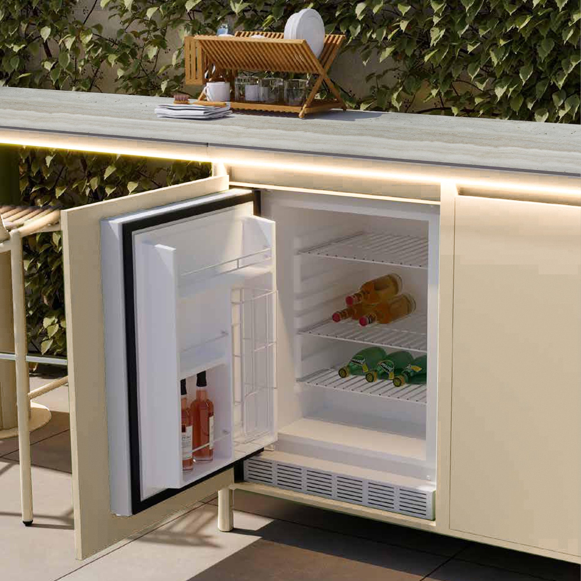 Lagoon outdoor cabinet with ceramic top from Beacon outdoor furniture set, featuring storage and durable design.