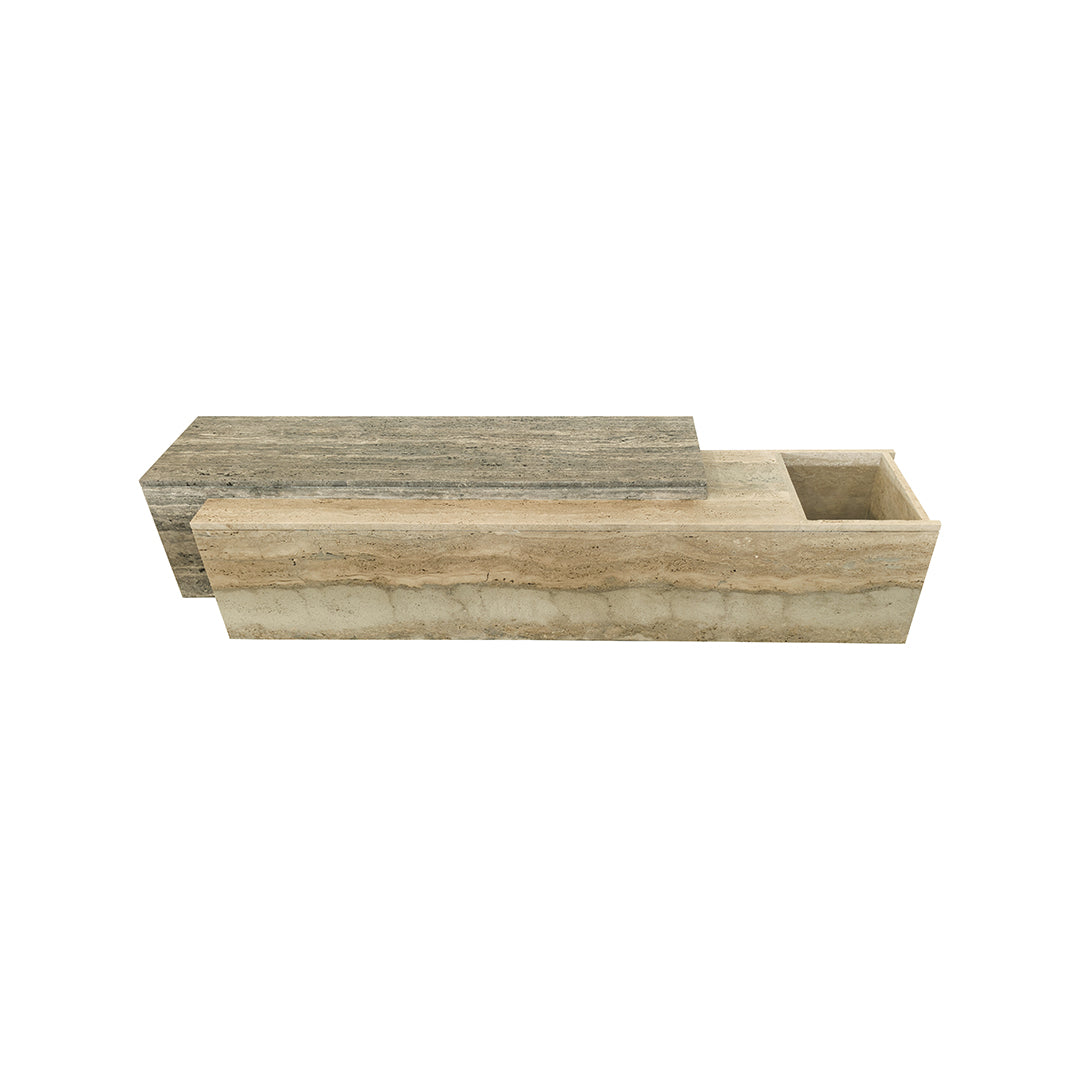 Lapis travertine bench and side table with planter box by A2STONE, featuring a sleek stone surface and integrated planter space.