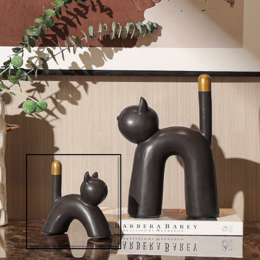 Beige home decor figurine of a lazy cat by BEACON, detailed ceramic sculpture for stylish interior decoration