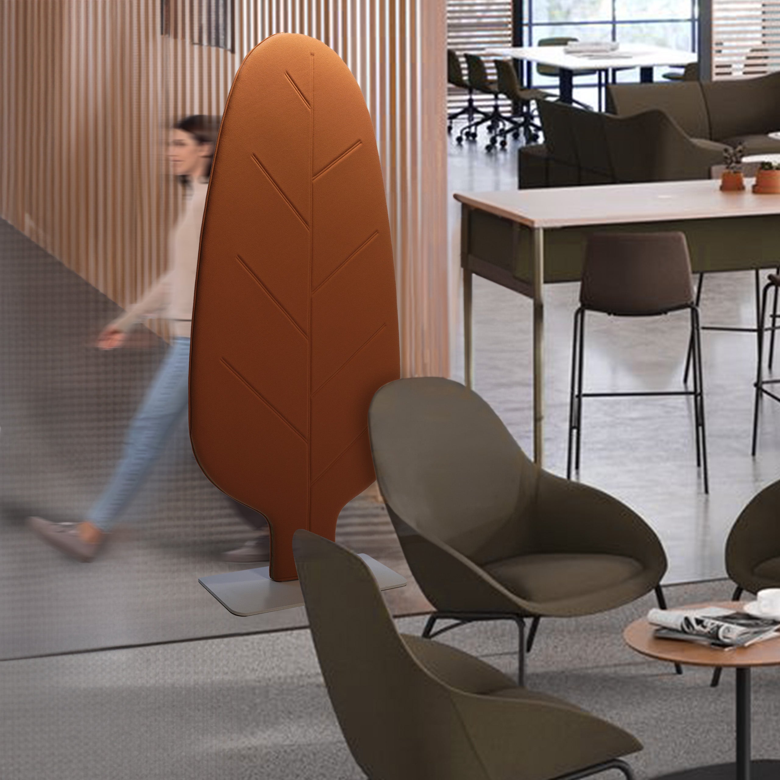 Brown Leaf Tuba Office Barrier by BEACON, featuring a decorative leaf design for workspace privacy and safety.