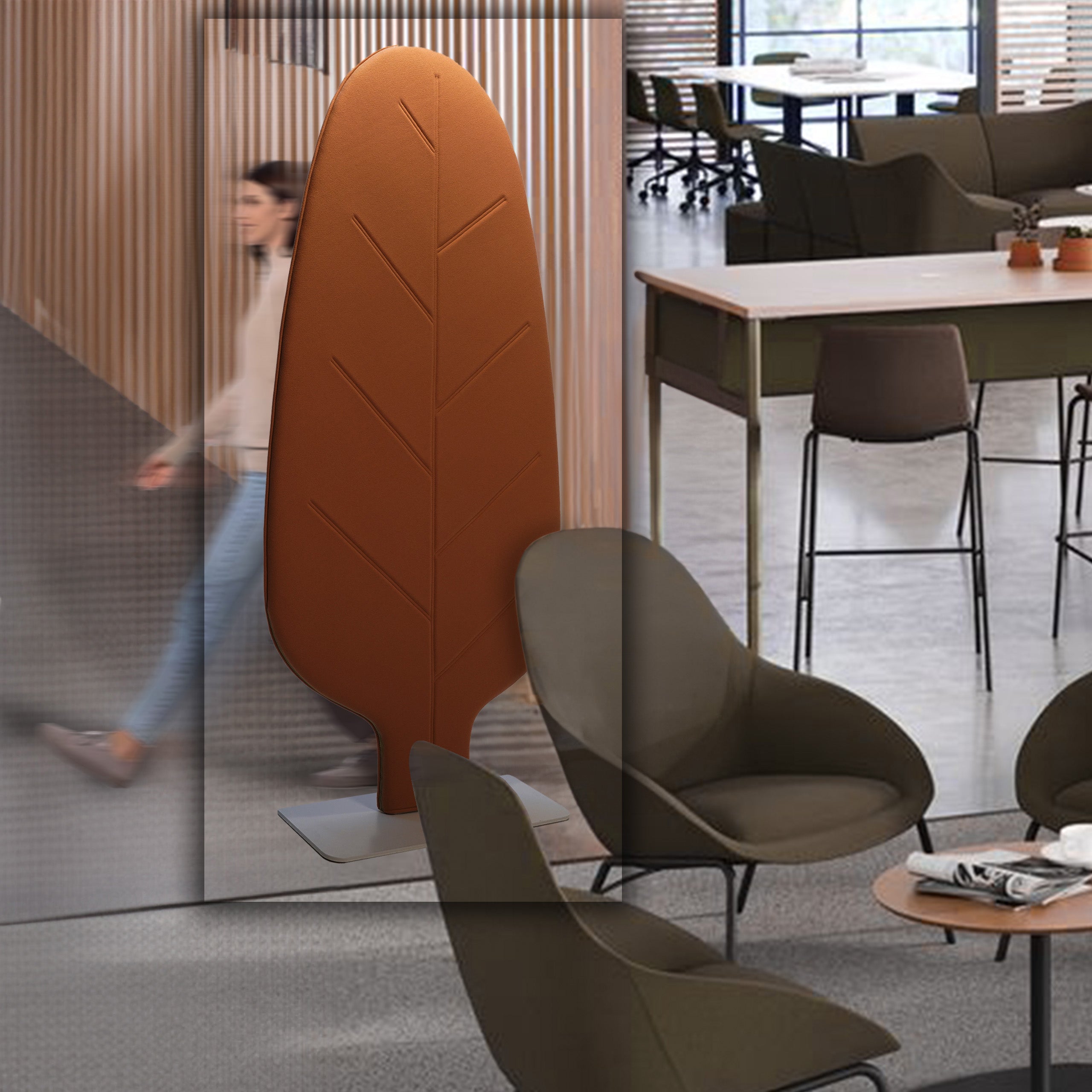 Brown Leaf Tuba Office Barrier by BEACON, designed for workspace privacy and safety with a leaf-shaped screen design.