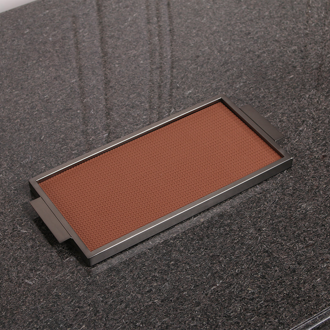 Brown leather and metal tray by Beacon, rectangular tray with a stylish design, perfect for serving or decor.
