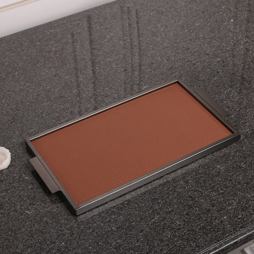 Brown leather and metal tray from Beacon, rectangular design with elegant finish, perfect for serving or decorative use.