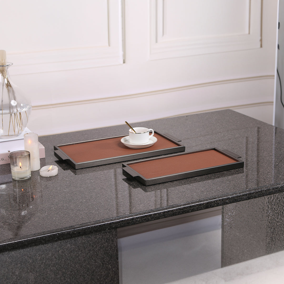 Brown leather and metal tray by Beacon, rectangular with handles, ideal for serving or decorative use.