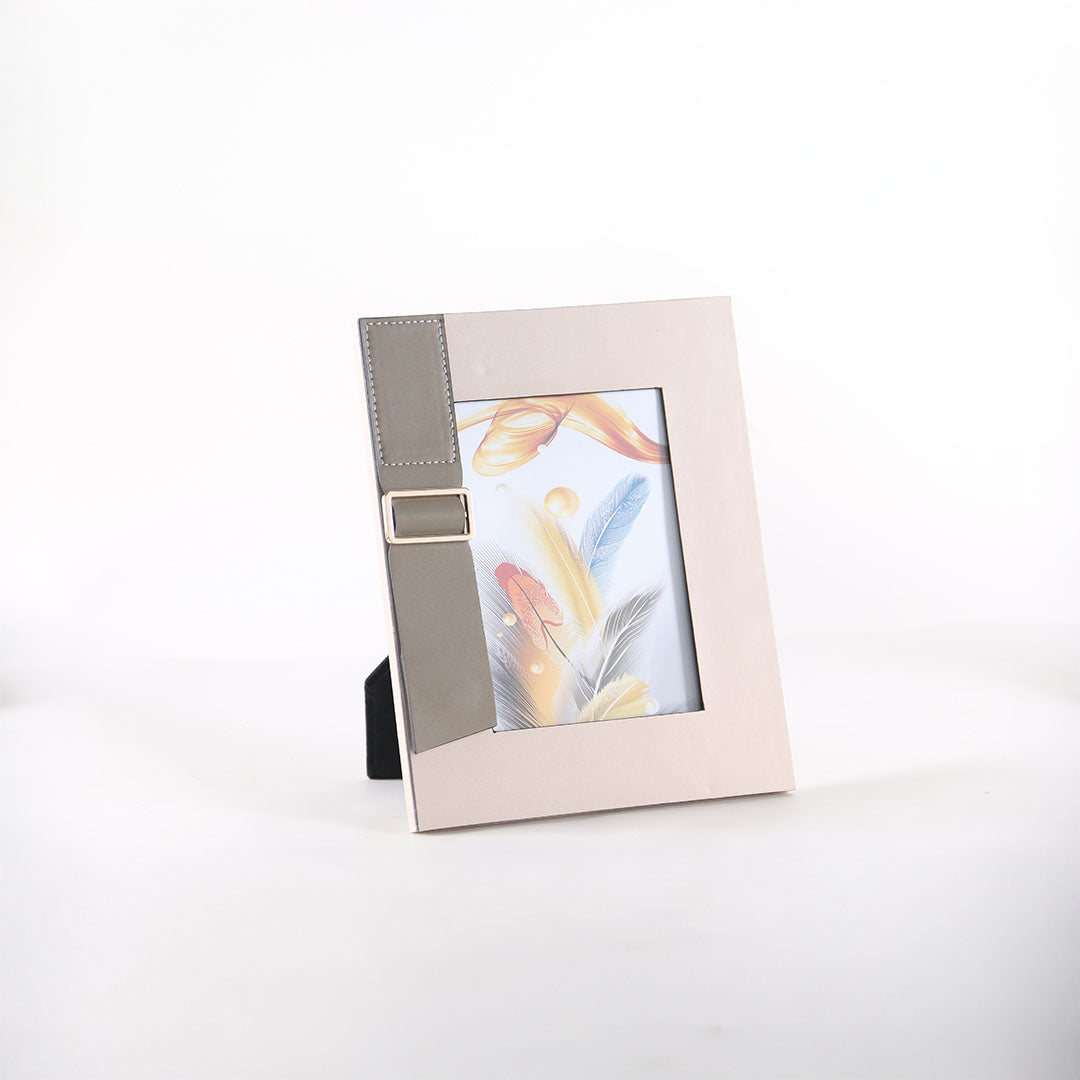 Leather picture frame from BEACON, L size, with a sleek black leather exterior, designed for displaying photos elegantly.