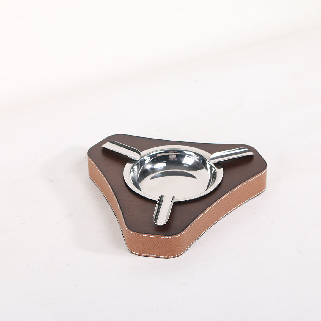 Leather triangle ashtray by BEACON, stylish home decor figurine in black leather with sleek triangular design.