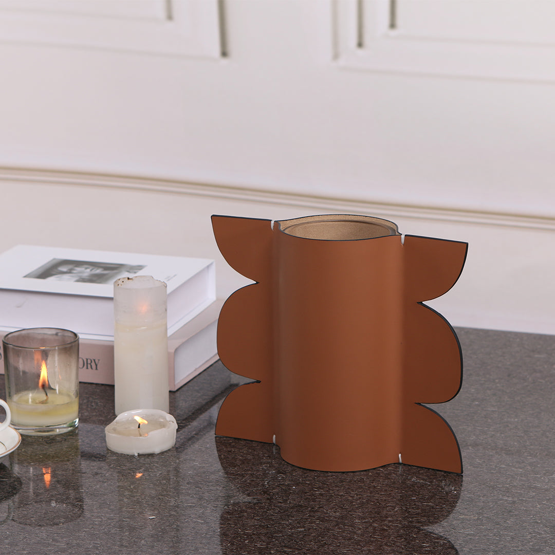 Leather vase by BEACON, dry and fresh style, featuring smooth leather surface and elegant cylindrical shape.