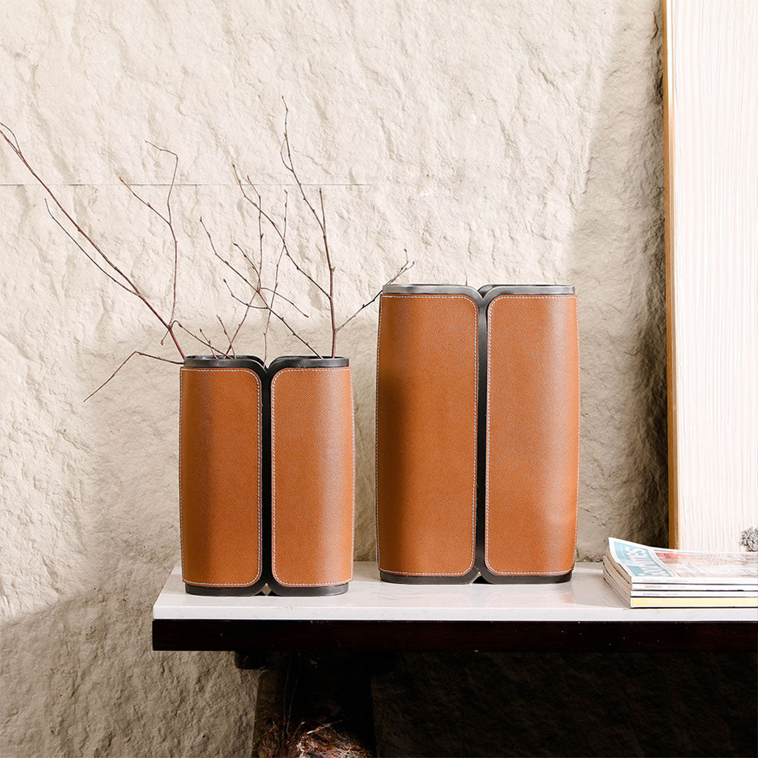 Leather wrapped vase L by BEACON, stylish ceramic vase with a textured leather exterior, ideal for modern home decor.
