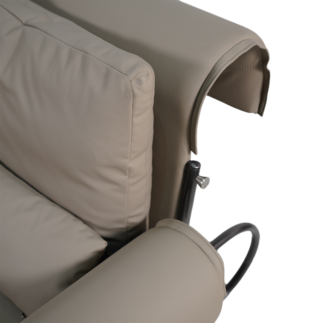 BEACON Leisure Lounge Chair LC070 in neutral fabric with wooden legs, modern design for comfortable relaxation.