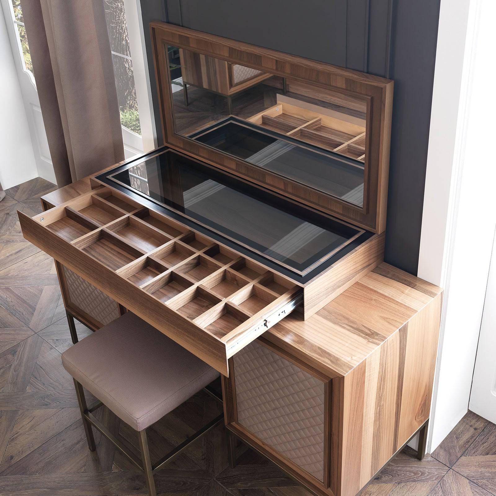 YOL LIVING Lema dresser with matching mirror, modern wood finish, featuring multiple drawers and sleek design for bedroom storage.