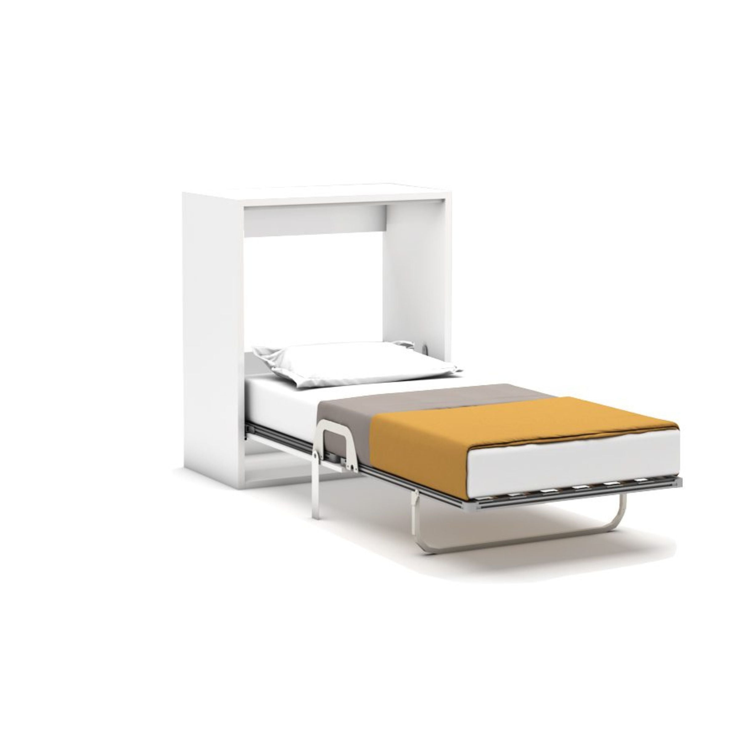 Life Capsule Folding Single Bed with mattress and secret table module by MULTIMO, showcasing the compact and versatile bed design.