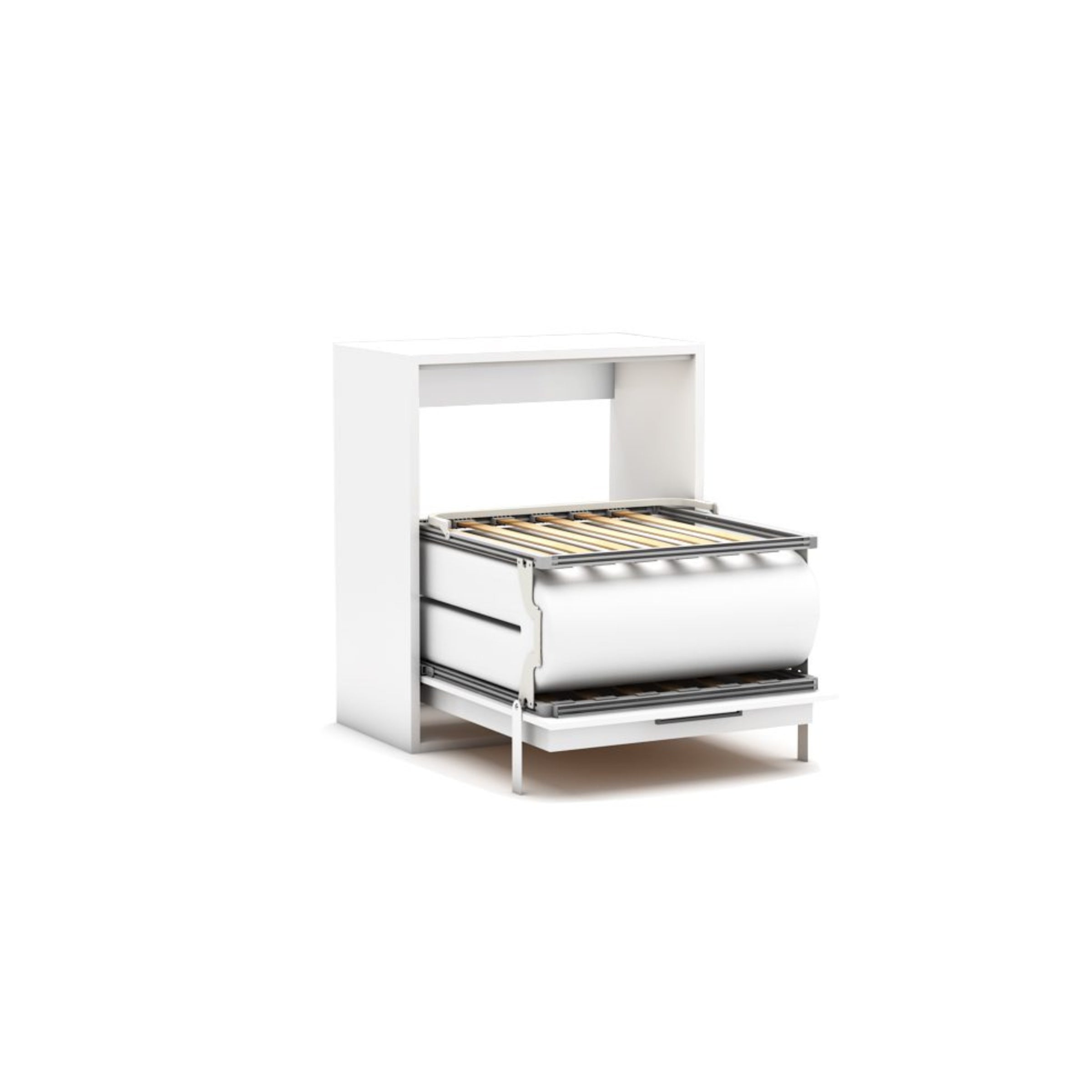 Multimo LIFE CAPSULE folding single bed with mattress and secret table module, compact and versatile bedstead design
