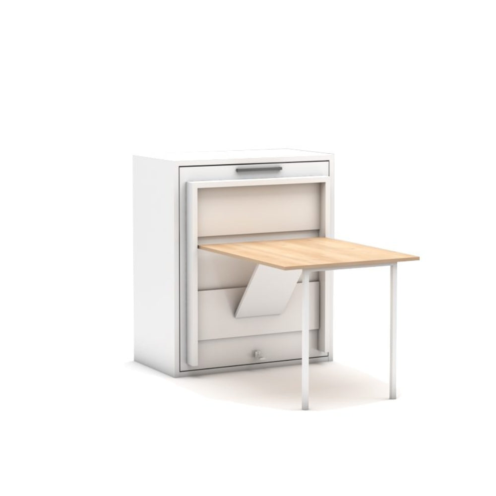Life Capsule folding single bed with mattress and secret table module by MULTIMO, showcasing the bedstead with its compact design.