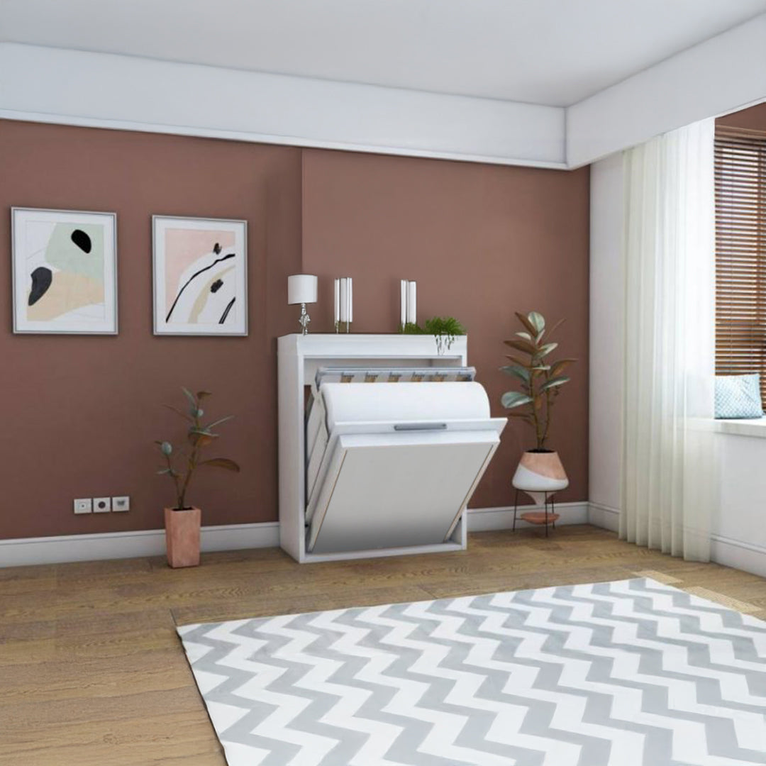 Multimo LIFE CAPSULE folding single bed with mattress and secret table module, showcasing its compact design and modern style.