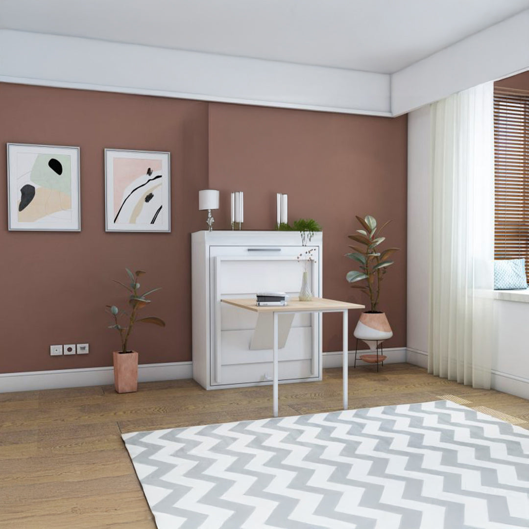 Life Capsule Folding Single Bed with mattress and secret table module by MULTIMO, showcasing its compact design and functional features.