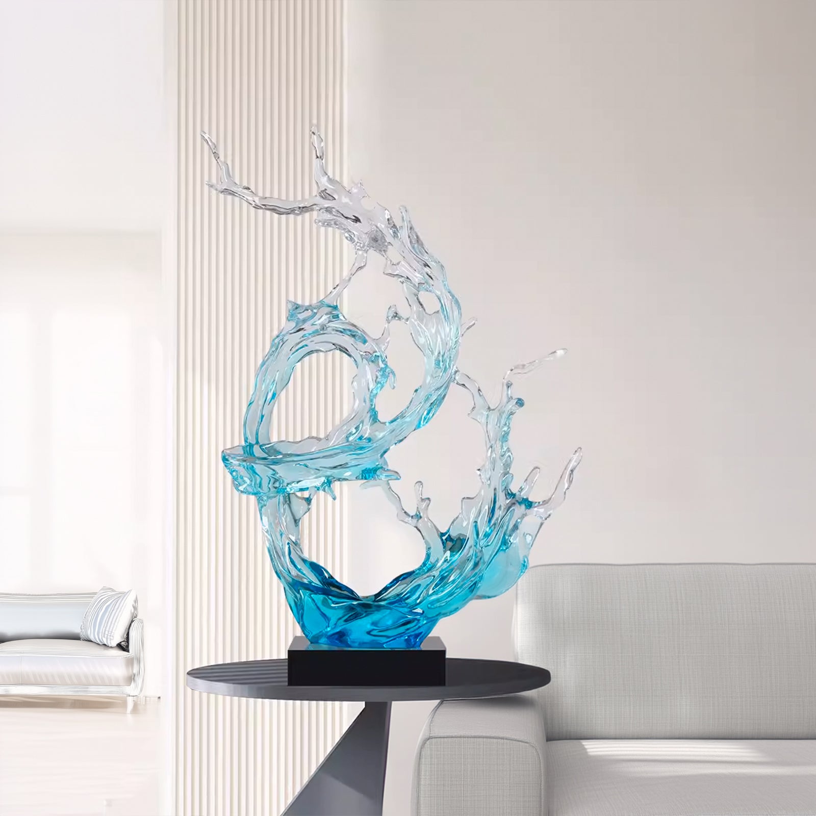 Light blue and clear abstract sculpture by Beacon, modern home decor figurine with sleek, artistic design.