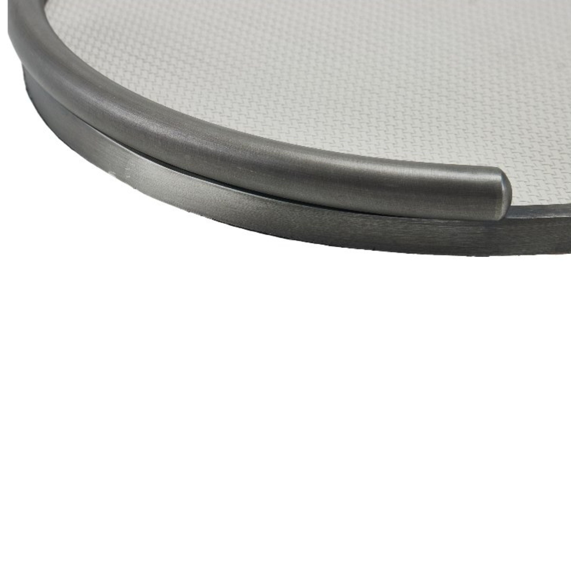 Light grey brushed metal round leather tray by Beacon, perfect for serving or decorative display.