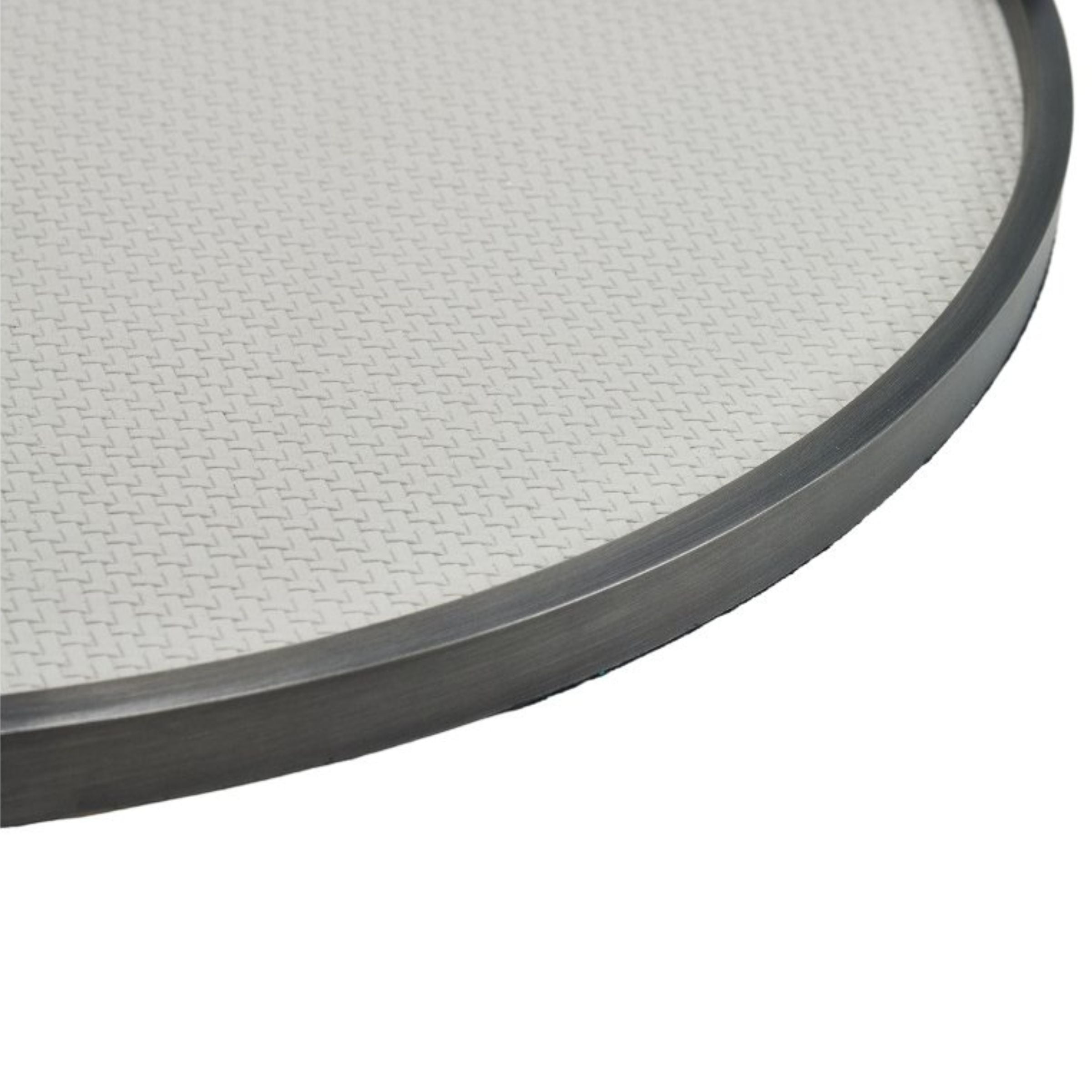 Light grey brushed metal round leather tray by Beacon, perfect for serving or decorative display.