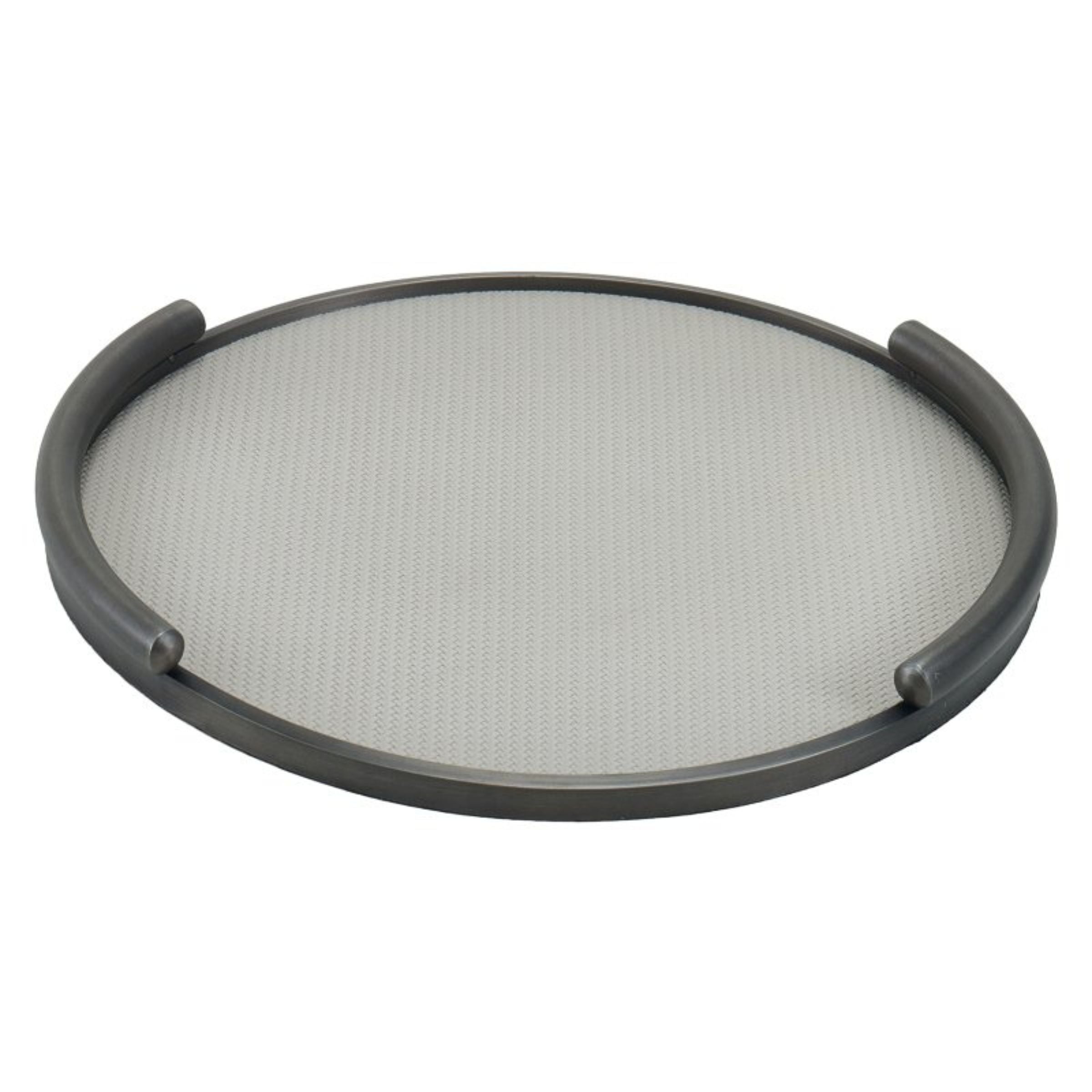 LIGHT GREY & BRUSHED METAL ROUND LEATHER TRAY DD210942A -  Trays - ebarza Furniture UAE | Shop Modern Furniture in Abu Dhabi & Dubai - مفروشات ايبازرا في الامارات | تسوق اثاث عصري وديكورات مميزة في دبي وابوظبي