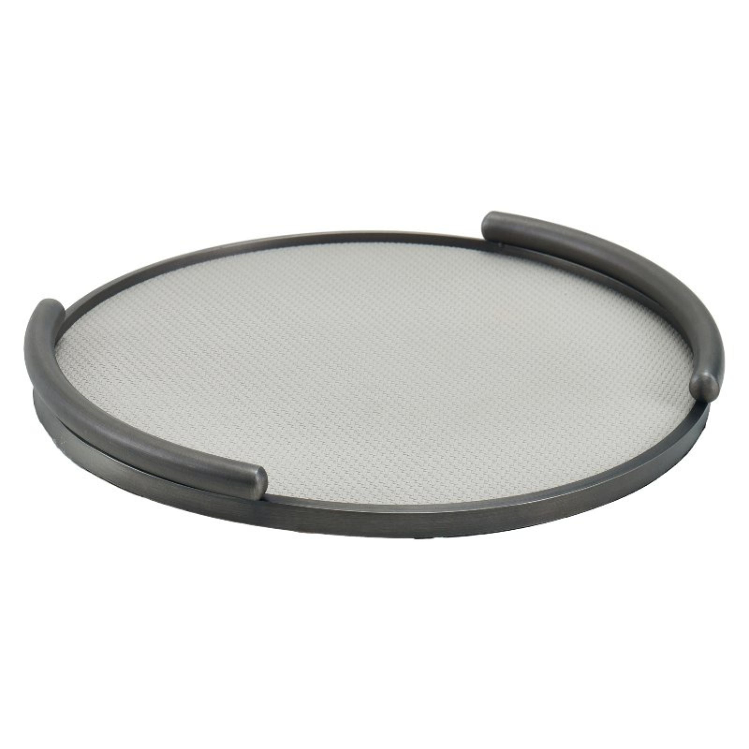 LIGHT GREY & BRUSHED METAL ROUND LEATHER TRAY DD210942A -  Trays - ebarza Furniture UAE | Shop Modern Furniture in Abu Dhabi & Dubai - مفروشات ايبازرا في الامارات | تسوق اثاث عصري وديكورات مميزة في دبي وابوظبي