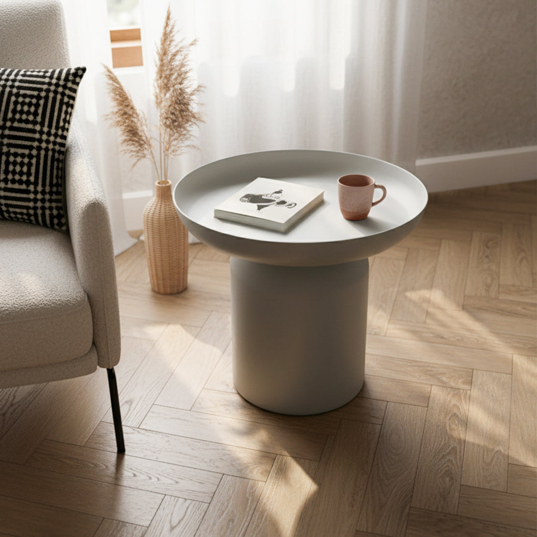 Lime-white RUDI GT-490 side table with a sleek, modern design, featuring a round top and sturdy legs.