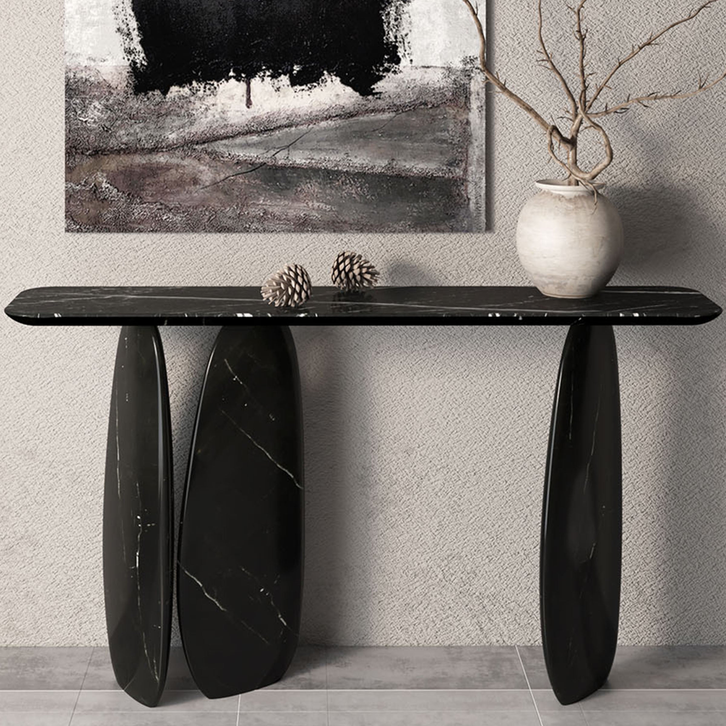 Lisbon Nero Marquina console table by A2STONE with sleek black marble top and modern design for stylish entryway or living space.