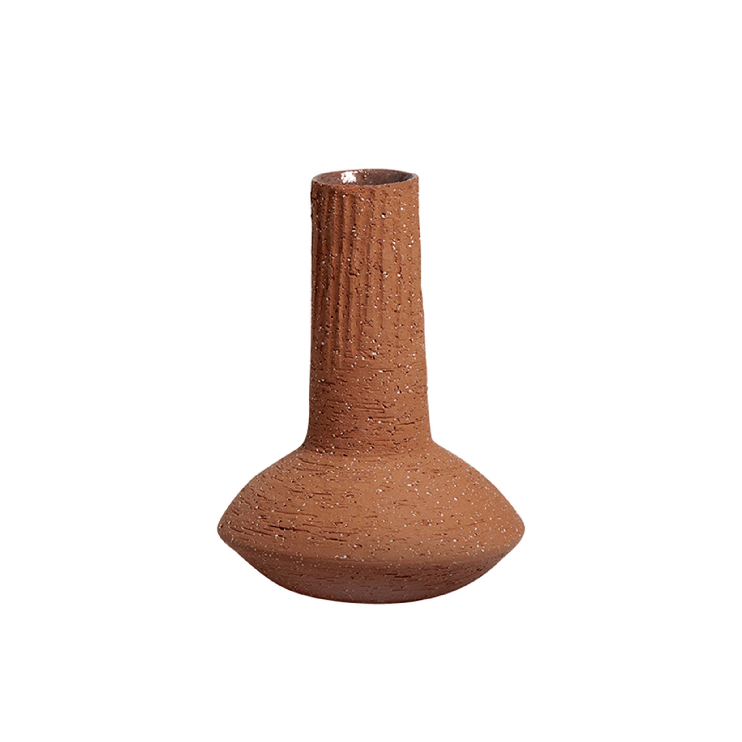 Long-neck coarse pottery vase by BEACON, featuring a rustic design with a textured finish and a narrow, elegant neck.