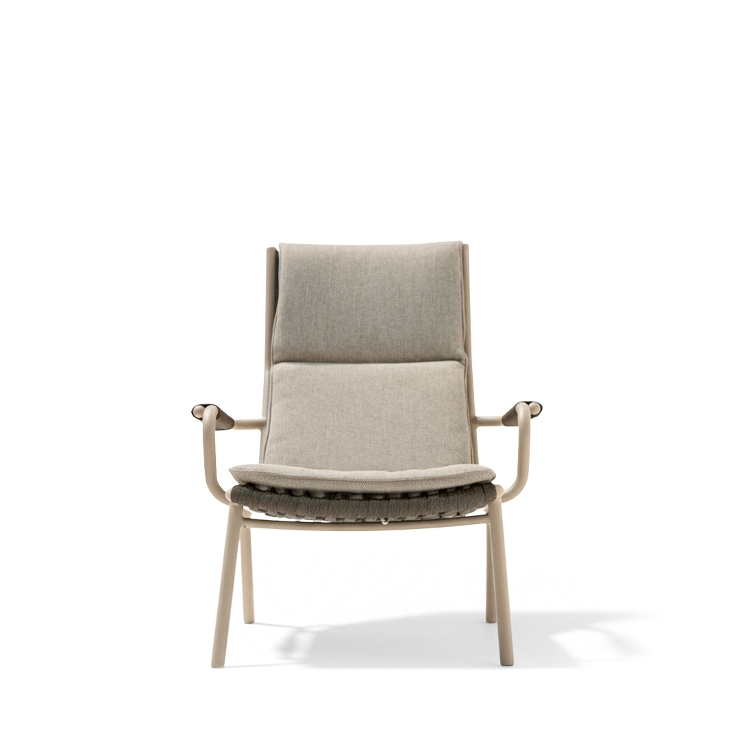 BEACON LOOP highback outdoor lounge armchair with cushioned seat and backrest, suitable for patio or garden relaxation.