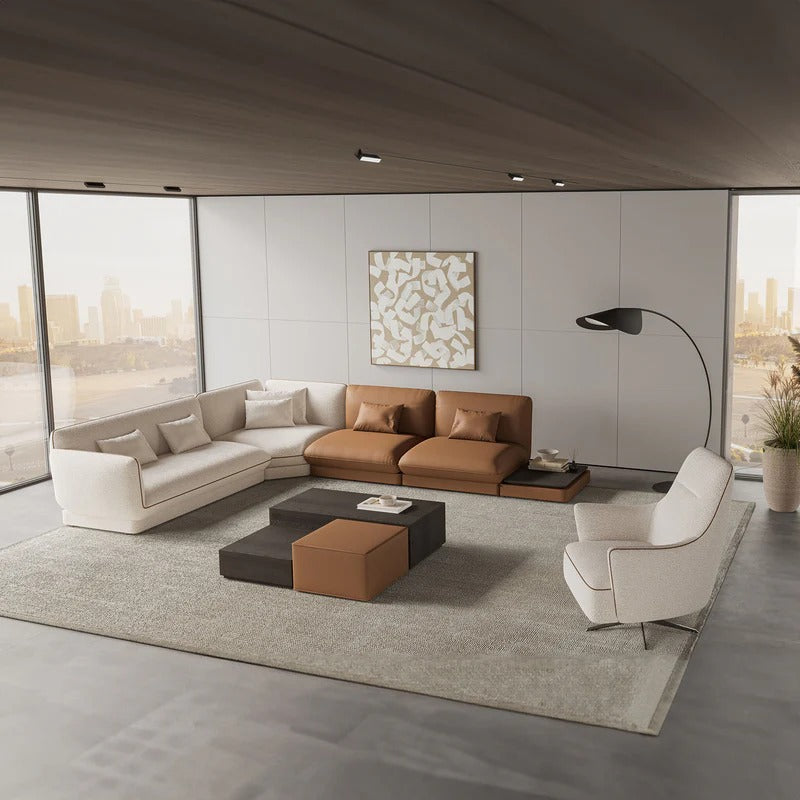 YOL LIVING Loretta Corner Long Sofa in neutral fabric, showcasing its spacious L-shaped design and plush cushions.