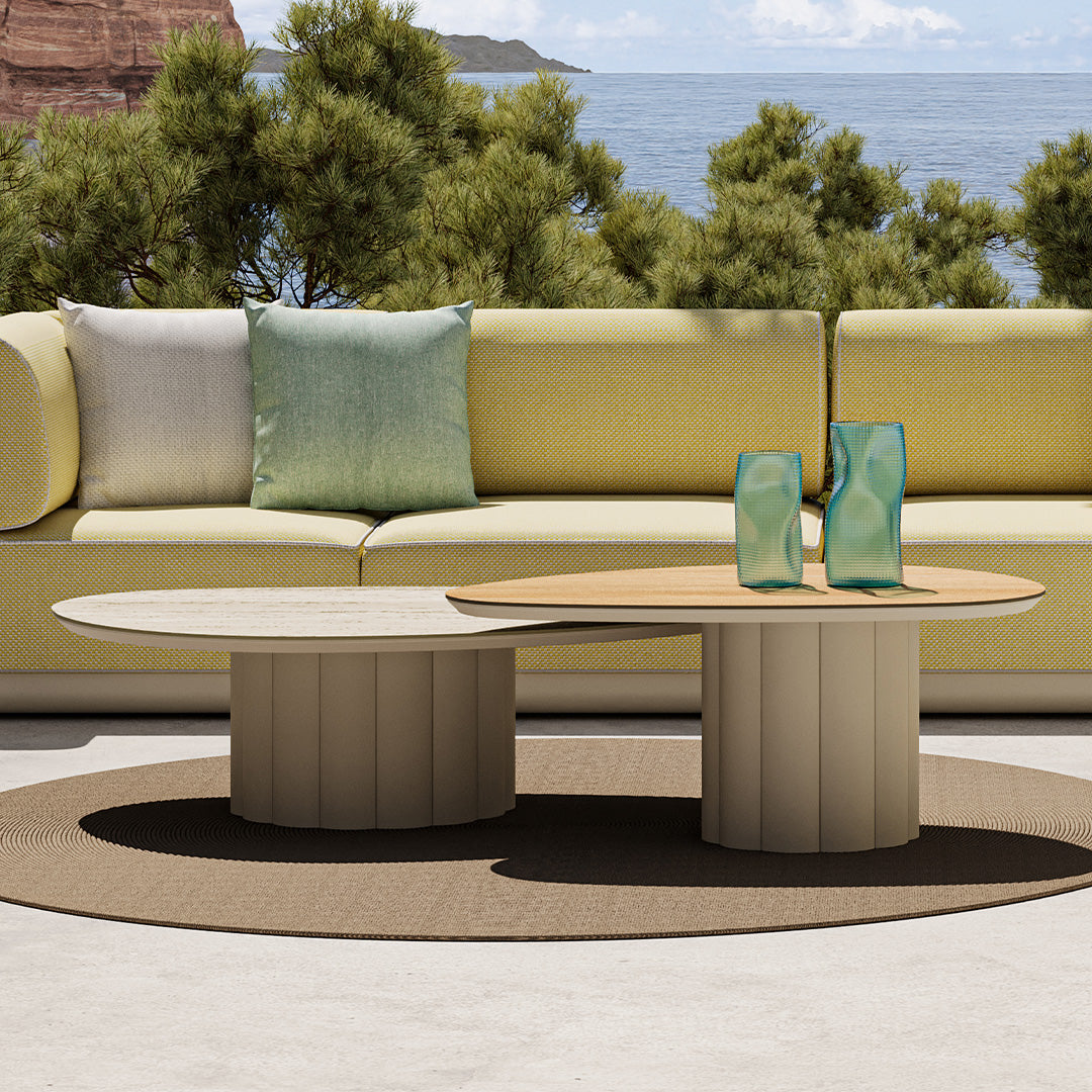Outdoor ceramic coffee table by BEACON, featuring a lotus design, ideal for outdoor living spaces, durable and stylish.