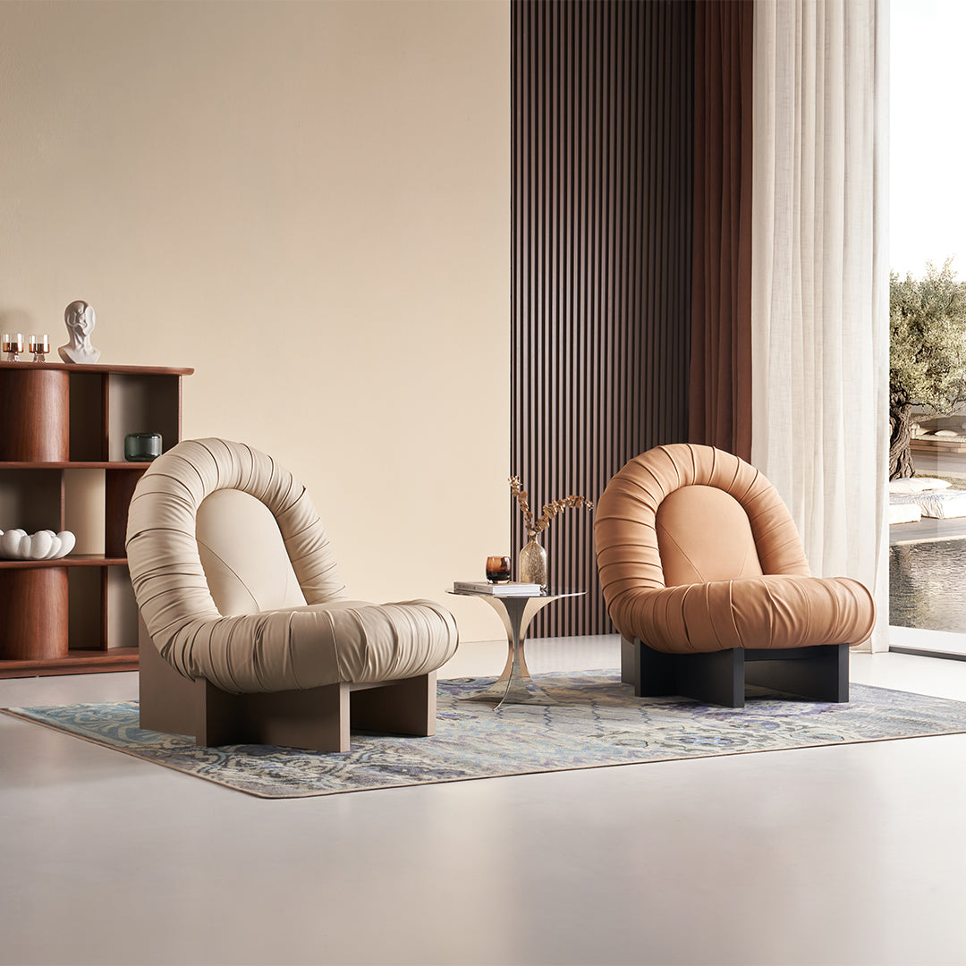 Beige BEACON Lounge Chair LC092 with cushioned seat and backrest, modern design, and wooden legs for comfortable seating.