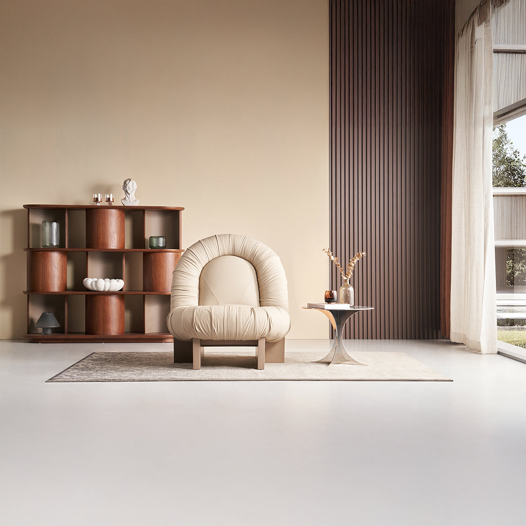 Beige BEACON Lounge Chair LC092 with cushioned seat and backrest, modern design for living room relaxation.