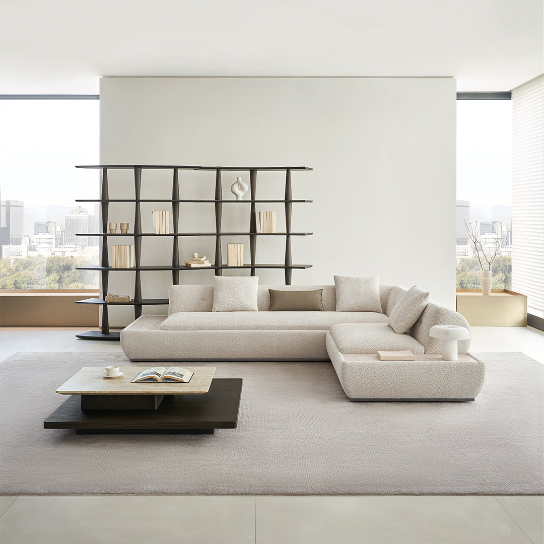 Lylia 2-seater right arm sofa module with travertine side table by BEACON, featuring modern design and comfortable seating.