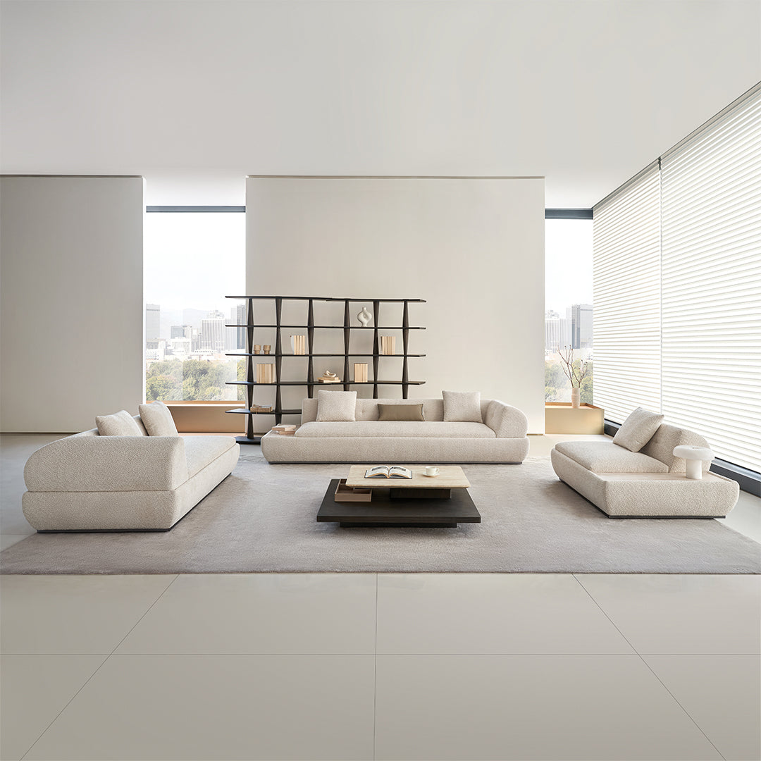 BEACON Lylia 2-seater right arm sofa module with travertine side table, modern living room furniture.