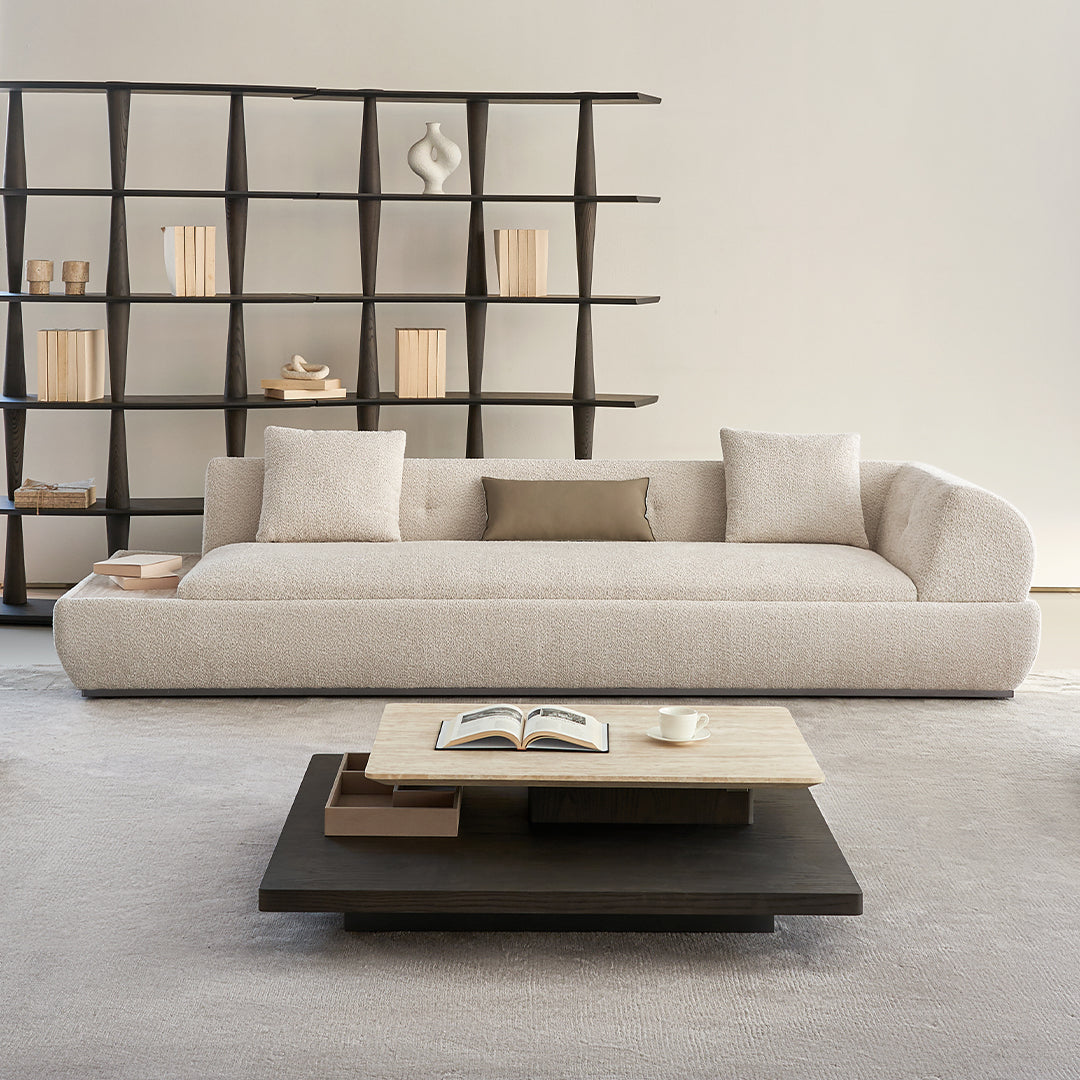 BEACON Lylia 2-seater sofa with right arm module and travertine side table, modern lounge furniture for stylish living spaces
