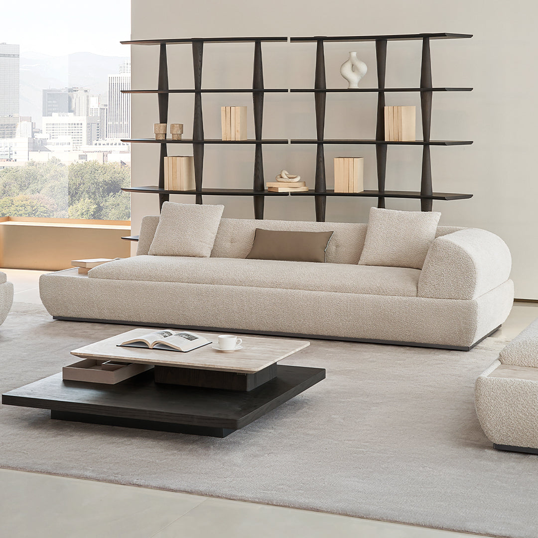 Lylia 2-seater right arm sofa module with travertine side table by BEACON, showcasing modern design and comfortable seating.