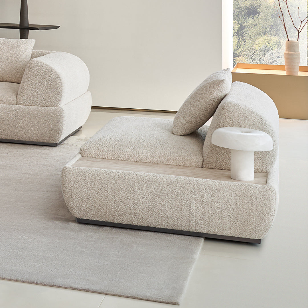 BEACON Lylia single seater sofa module with elegant travertine side table, contemporary design, modern living room furniture