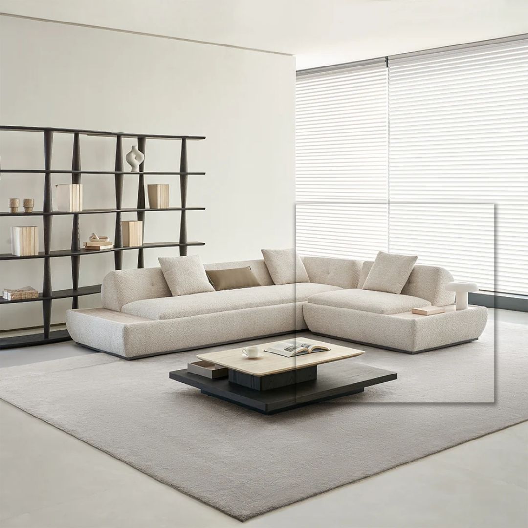 BEACON Lylia single seater sofa module with travertine side table, modern design, comfortable seating, and stylish accent piece.