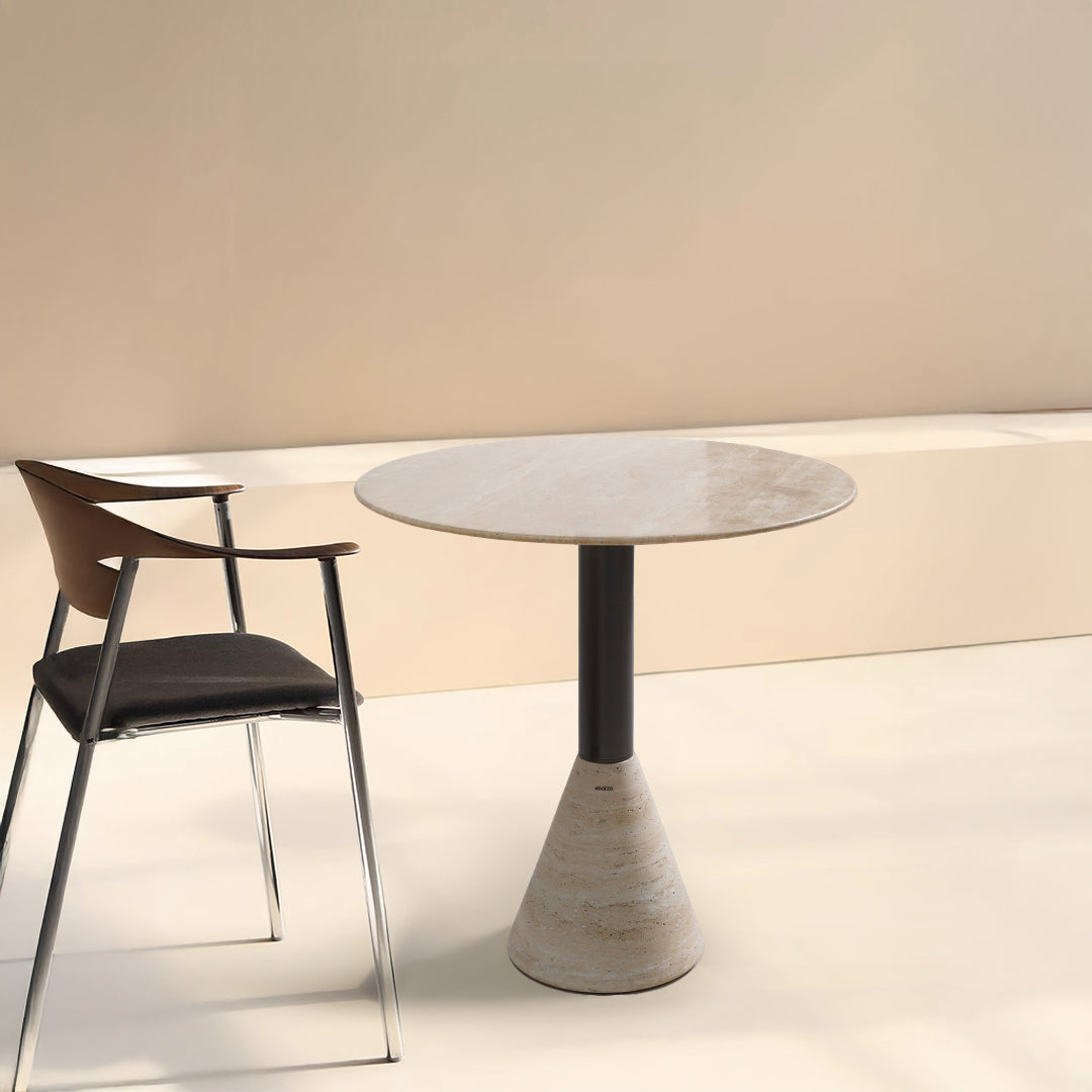 Madridl Travertine Marble Dining Table by BEACON, gun black finish, showcasing the elegant marble surface and sleek side table design.