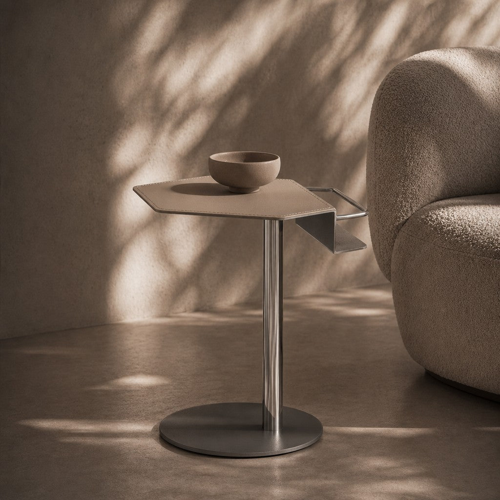 Beacon Civil side table LWL25003 with a sleek gold and black finish, placed beside a sofa in a modern living room setting.