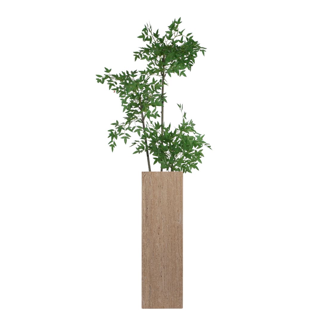 Beige marble stand and planter box for artwork display, modern design by BEACON, matching decorative art stand and planter accessory.