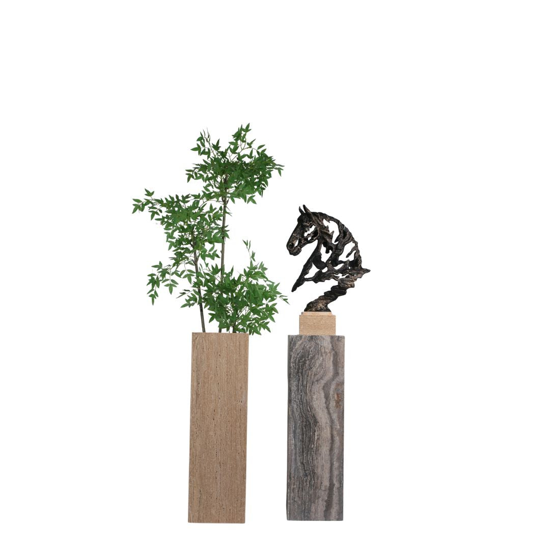 Beige marble stand and planter box artwork display, modern L-shaped design by BEACON for decorative indoor or outdoor use.