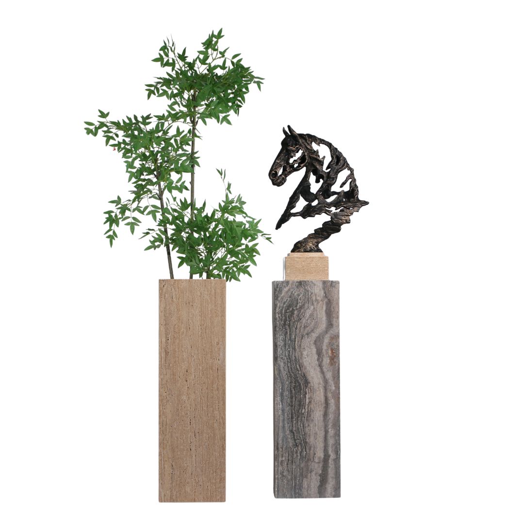 Beige marble stand for planter box, artwork display stand by BEACON, sturdy and stylish for decorative indoor or outdoor use