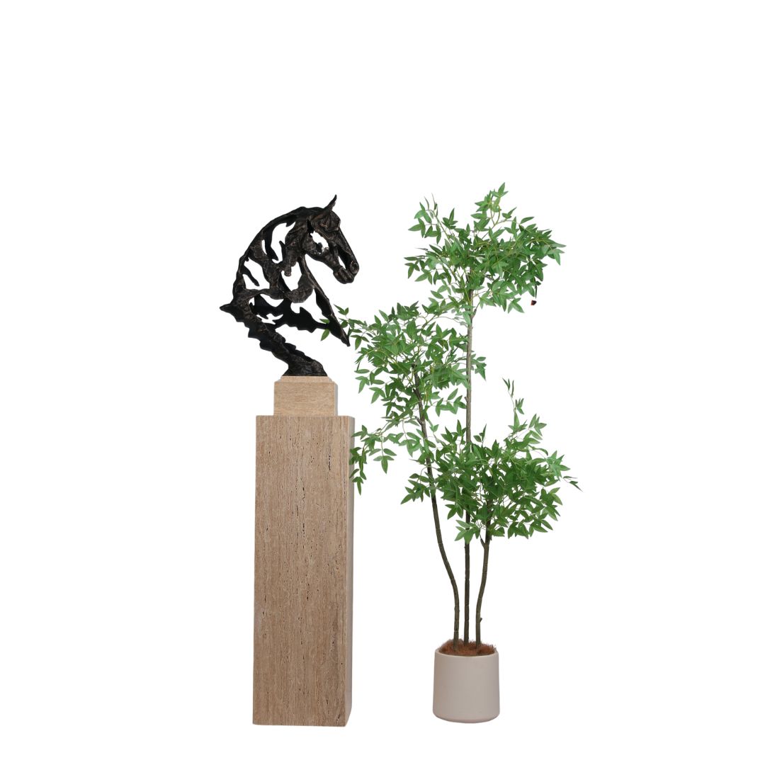 Beige marble stand and planter box from BEACON Artwork Stands collection, designed for elegant display or decoration.