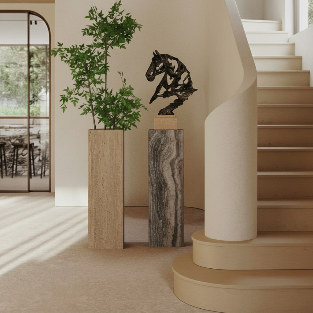 Beige marble stand and planter box for artwork display, sleek modern design, by Beacon, model L T0161.